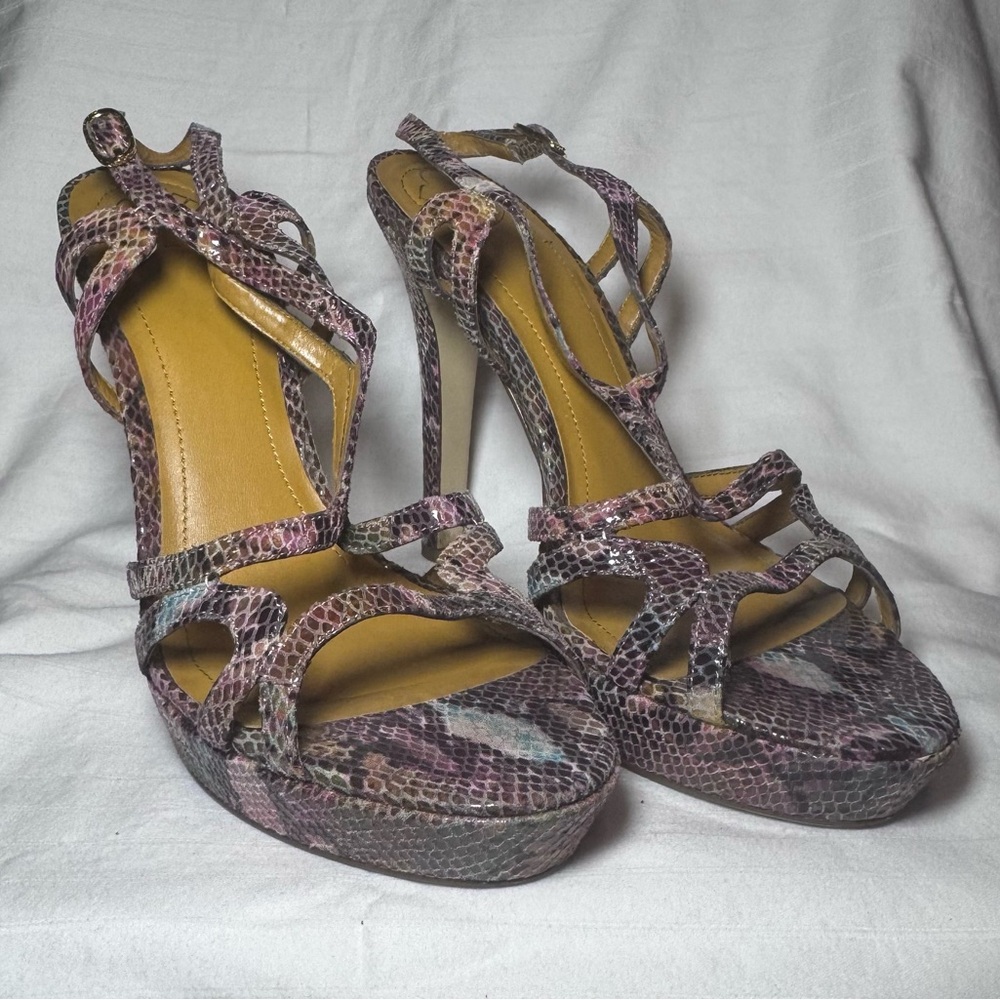 Y2K Snakeskin Print Strappy Platform Stiletto Sandals by BCBGeneration Size 10